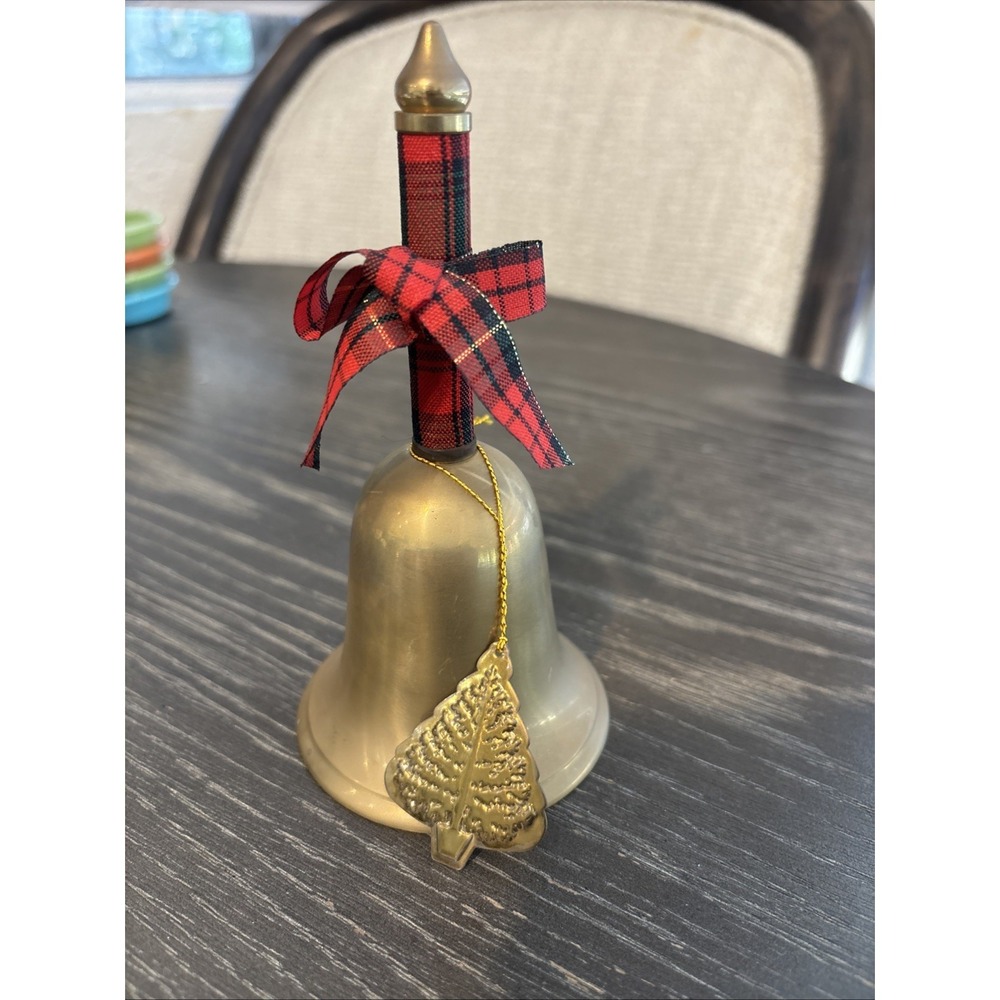 Brass‎ Bell w/Red And Green Plaid Ribbon Wrapped Handle